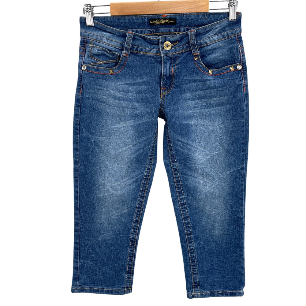 Southpole Embellished Capri Junior 5 Blue Streetwear Trendy Boho Jean Rhinestone
